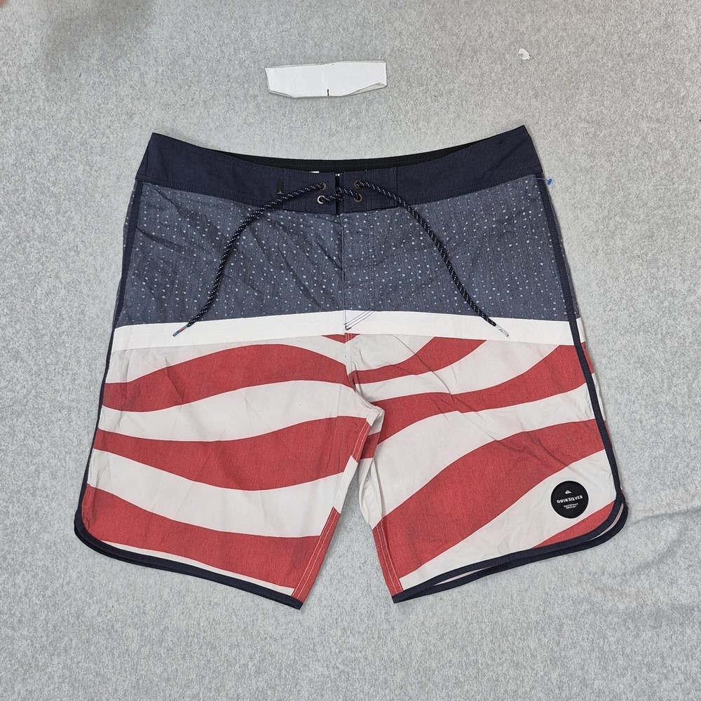 Quiksilver Men Shorts 36 Red Swimwear Striped Boardshorts Button 10" Inseam Logo